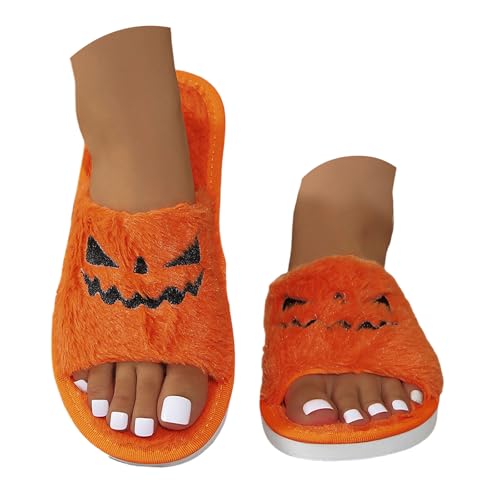 Xbemkste Halloween Hausschuhe Damen Winter Plüsch Pantoffeln Offene Zehe Fuzzy Schlappen Gemütliche Warme Kürbis Hausschuhe Flauschig Herbst Warme Indoor Outdoor Slippers (Orange, 38.5) von Xbemkste