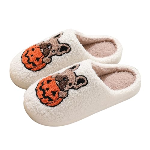 Xbemkste Halloween Hausschuhe Damen Winter Plüsch Pantoffeln Pumpkin Slippers Halloween Kürbis Schlappen Flauschige Winter Bequeme Hausschuh Funny Print Baumwolle Plüschschuhe (A, 40) von Xbemkste