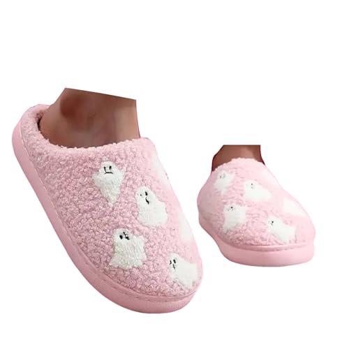 Xbemkste Halloween Hausschuhe Damen Winter Warme Filzpantoffeln Geister Plüsch Slipper Cozy Weicher Fuzzy Pelz Pantoffeln Fleece Memory-Schaum Offene Fersen Wohnschuhe (37.5) von Xbemkste