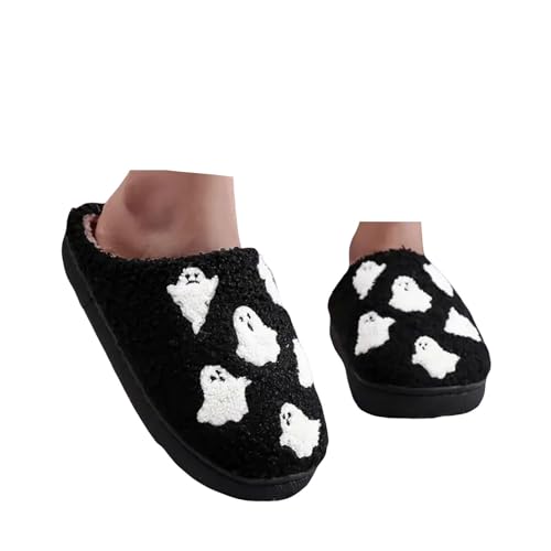 Xbemkste Halloween Hausschuhe Damen Winter Warme Filzpantoffeln Geister Plüsch Slipper Cozy Weicher Fuzzy Pelz Pantoffeln Fleece Memory-Schaum Offene Fersen Wohnschuhe (37.5) von Xbemkste