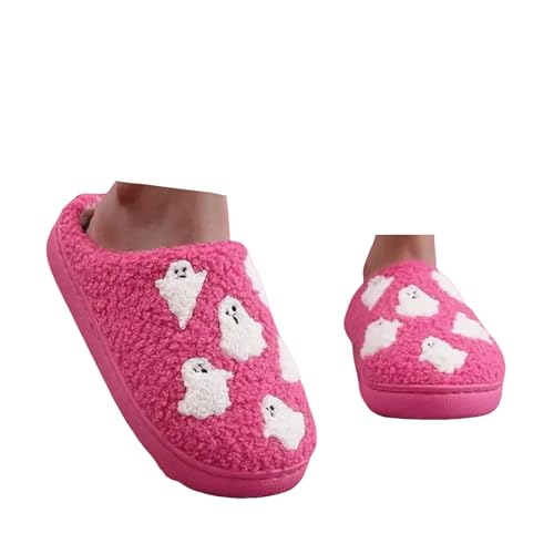 Xbemkste Halloween Hausschuhe Damen Winter Warme Filzpantoffeln Geister Plüsch Slipper Cozy Weicher Fuzzy Pelz Pantoffeln Fleece Memory-Schaum Offene Fersen Wohnschuhe (Red, 37.5) von Xbemkste