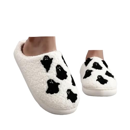 Xbemkste Halloween Hausschuhe Damen Winter Warme Filzpantoffeln Geister Plüsch Slipper Cozy Weicher Fuzzy Pelz Pantoffeln Fleece Memory-Schaum Offene Fersen Wohnschuhe (White, 37.5) von Xbemkste