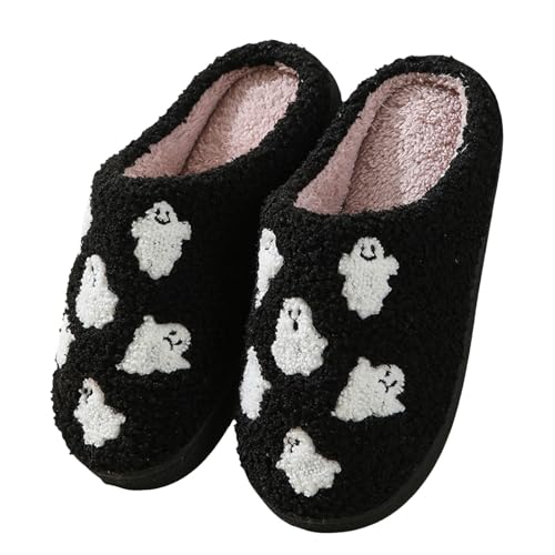 Xbemkste Halloween Hausschuhe Damen Winter Warme Herren Pantoffeln Halloween Geister Kürbis Slippers Kuschelig Flauschige Niedliche Filzpantoffeln Fuzzy Pelz Hauspantoffeln (A, 37.5) von Xbemkste