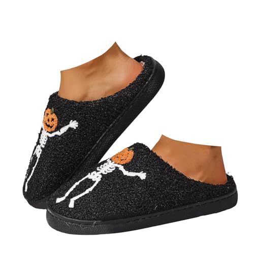 Xbemkste Halloween Hausschuhe Kürbis Damen Winter Plüsch Pantoffeln Warme Cozy Filzpantoffeln Flauschige Weiche Rutschfeste Hausslippers Offene Fersen Bequeme Wohnschuhe (B, 42) von Xbemkste