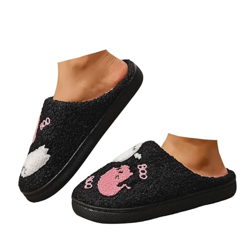 Xbemkste Halloween Hausschuhe Kürbis Damen Winter Plüsch Pantoffeln Warme Cozy Filzpantoffeln Flauschige Weiche Rutschfeste Hausslippers Offene Fersen Bequeme Wohnschuhe (F, 39) von Xbemkste