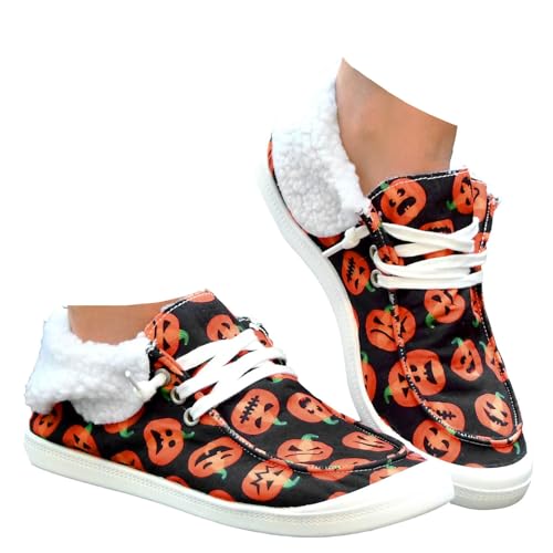 Xbemkste Halloween Schuhe Damen Canvas Schuhe Bequeme Schnürschuhe Freizeitschuhe Damen Flache Schuhe Leichte Halbschuhe Komfort Walkingschuhe Lässige Outdoorschuhe (Orange, 37) von Xbemkste