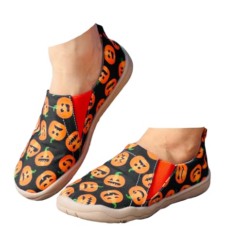 Xbemkste Halloween Schuhe Damen Slip On Freizeitschuhe Halloween Flache Schuhe Canvas Schuhe Bequeme Schlupfschuhe Bequeme Walkingschuhe Lässige Slipper (Orange, 39) von Xbemkste