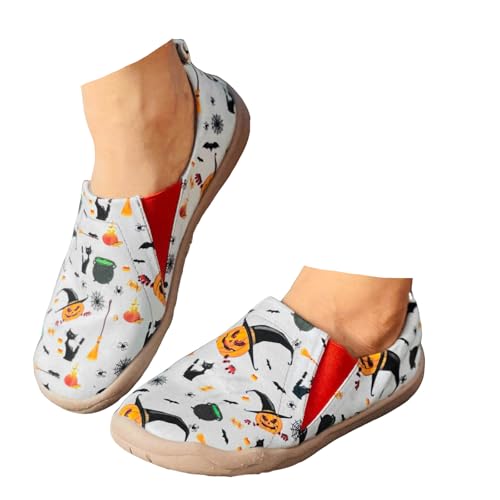 Xbemkste Halloween Schuhe Damen Slip On Freizeitschuhe Halloween Flache Schuhe Canvas Schuhe Bequeme Schlupfschuhe Bequeme Walkingschuhe Lässige Slipper (White, 40) von Xbemkste