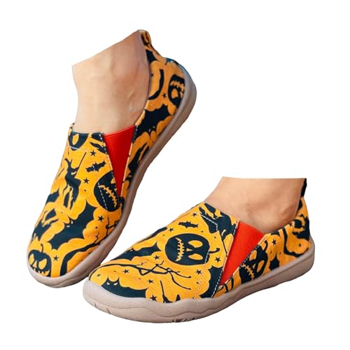 Xbemkste Halloween Schuhe Damen Slip On Freizeitschuhe Halloween Flache Schuhe Canvas Schuhe Bequeme Schlupfschuhe Bequeme Walkingschuhe Lässige Slipper (Yellow, 36) von Xbemkste