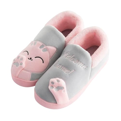 Xbemkste Hausschuhe Baumwolle Damen Winter Warme Plüsch Pantoffeln Cartoon Katze Slippers Rutschfeste Weiche Bequeme Memory Foam Hauspantoffeln Geschlossen Wohnschuhe (Grey, 37) von Xbemkste