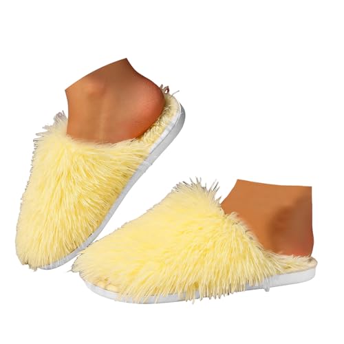 Xbemkste Hausschuhe Damen Gemütliche Plüsch Pantoffeln mit Flauschigem Fell Winter Warm Bequeme Slippers Offene Fersen Lustige Haus Plüschschuhe für Drinnen,Cosplay,Party (Yellow, 40) von Xbemkste