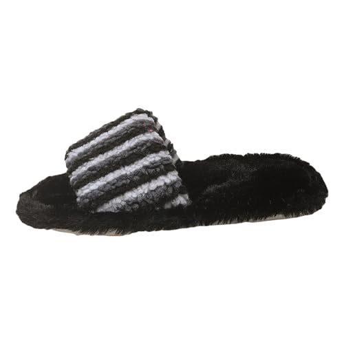 Xbemkste Hausschuhe Damen Plüsch Warme Bequeme Offener Zeh Slippers Winter Fuzzy Pelz Pantoffeln Weiches Flauschige Filzpantoffeln Streifen Plüschhausschuhe Gästehausschuhe (36) von Xbemkste