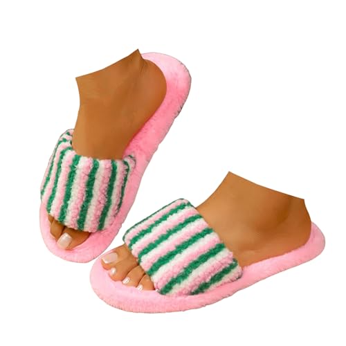 Xbemkste Hausschuhe Damen Plüsch Warme Bequeme Offener Zeh Slippers Winter Fuzzy Pelz Pantoffeln Weiches Flauschige Filzpantoffeln Streifen Plüschhausschuhe Gästehausschuhe (Red, 36) von Xbemkste
