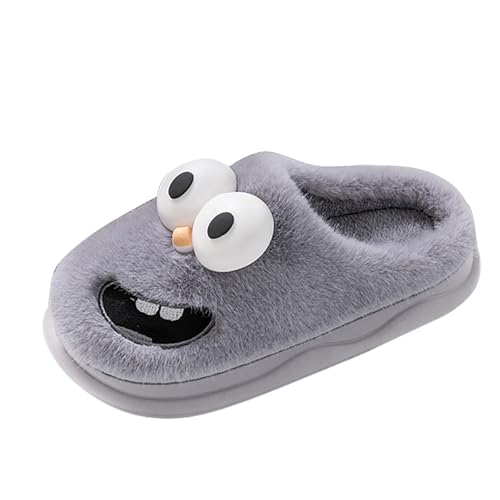 Xbemkste Hausschuhe Damen Winter Plüsch Cute Funny 3d Big Eye Dog Slipper Kuss-Hausschuhe Flauschige Weiches Kuschelig Warme Pantoffeln mit großem Augen-Cartoon-Muster (Grey, 40.5) von Xbemkste