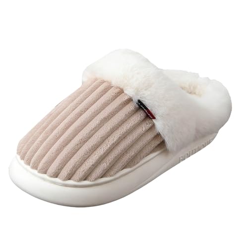 Xbemkste Hausschuhe Damen Winter Plüsch Pantoffeln Herren Memory Foam Weiche Offene Fersen Baumwolleschuhe Warm Bequeme Antirutsch Hausslippers mit Pelzrand Futter Hüttenschuh (Khaki, 37) von Xbemkste