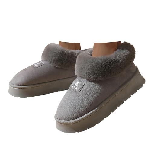 Xbemkste Hausschuhe Damen Winter Plüsch Pantoffeln Warme Kuschelig Flauschige Filzhausschuhe mit Kunstfellkragen Geschlossen Fell Hüttenschuhe Verdicken Baumwolleschuhe (Grey, 40.5) von Xbemkste