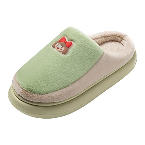 Xbemkste Hausschuhe Damen Winter Plüsch Pantoffeln mit Cartoon Muster Flauschige Warme Hüttenschuh Offene Fersen Fell Slippers Bequeme Rutschfeste Baumwollruhrschuhe (Green, 34.5) von Xbemkste