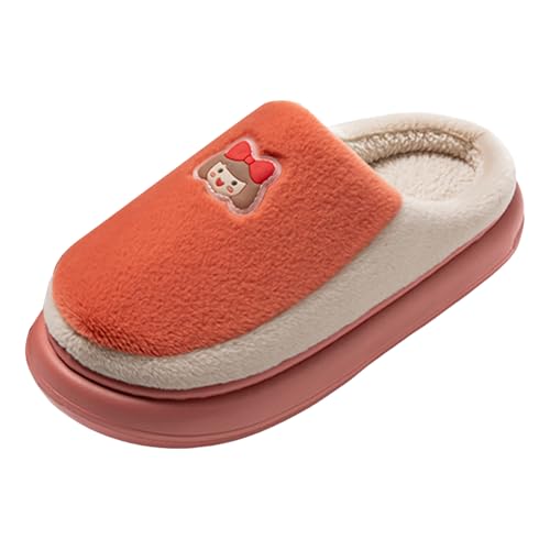 Xbemkste Hausschuhe Damen Winter Plüsch Pantoffeln mit Cartoon Muster Flauschige Warme Hüttenschuh Offene Fersen Fell Slippers Bequeme Rutschfeste Baumwollruhrschuhe (Orange, 37.5) von Xbemkste