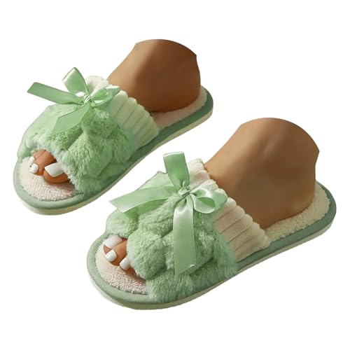 Xbemkste Hausschuhe Damen Winter Rutschfeste Offener Zeh Plüsch Pantoffeln Flauschige Kuschelig Slipper Warme Hautfreundlich Wohnschuhe Gästehausschuhe für Haus Schlafzimmer (Green, 40.5) von Xbemkste