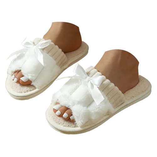 Xbemkste Hausschuhe Damen Winter Rutschfeste Offener Zeh Plüsch Pantoffeln Flauschige Kuschelig Slipper Warme Hautfreundlich Wohnschuhe Gästehausschuhe für Haus Schlafzimmer (White, 37.5) von Xbemkste