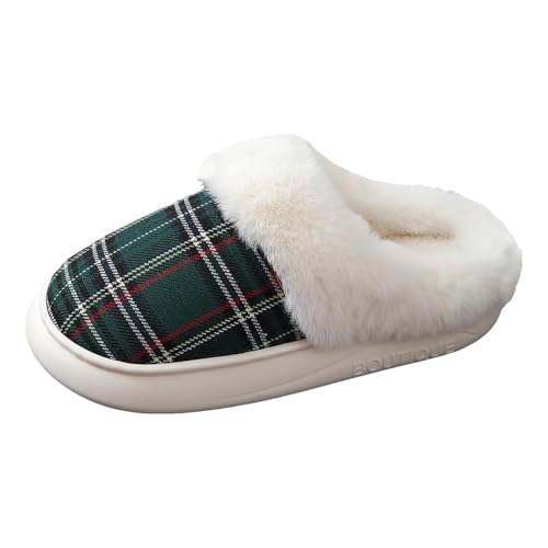 Xbemkste Hausschuhe Damen Winter Wärme Bequem Plüsch Pantoffeln Kariert Flauschige Weiches Verdicken Hauspantoffeln Baumwolleschuhe Home Slipper Rutschfeste Plüschschuhe (Dark Green, 41) von Xbemkste