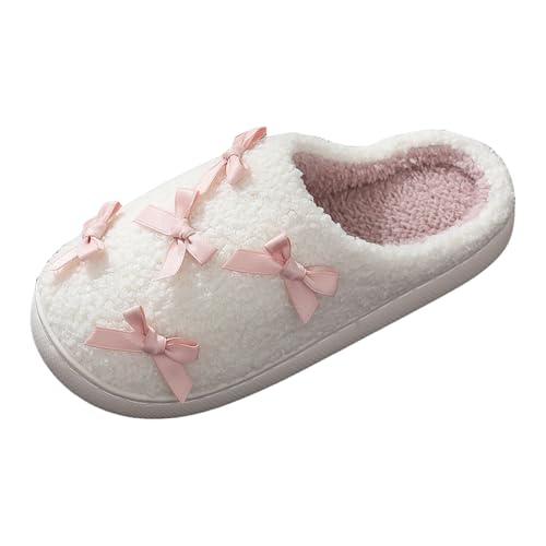Xbemkste Hausschuhe Damen Winter Wärme Bequem Plüsch Pantoffeln mit Schleife Rutschfeste Kuschelig Weite Leicht Slipper Fuzzy Pelz Wohnschuhe Niedliche Winterschuhe (White, 38.5) von Xbemkste