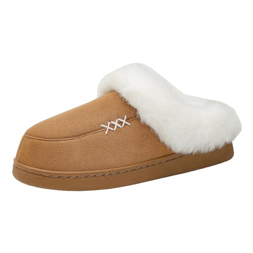 Xbemkste Hausschuhe Damen Winter Warme Flauschige Plüsch Pantoffeln mit Pelzrand und Futter Gemütliche Memory Foam Weiches rutschfeste Slippers Plüschschuhe Baumwollruhrschuhe (Brown, 37) von Xbemkste