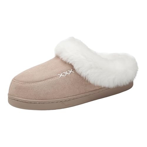 Xbemkste Hausschuhe Damen Winter Warme Flauschige Plüsch Pantoffeln mit Pelzrand und Futter Gemütliche Memory Foam Weiches rutschfeste Slippers Plüschschuhe Baumwollruhrschuhe (Khaki, 38.5) von Xbemkste