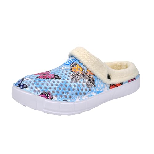 Xbemkste Hausschuhe Damen Winter Warme Gefüttert Clogs Weiche Kuschelig Thermo Gartenschuhe Bequeme rutschfeste Pantoffeln Slide Slippers Winterschuhe für Drinnen Draußen (Blue, 37) von Xbemkste