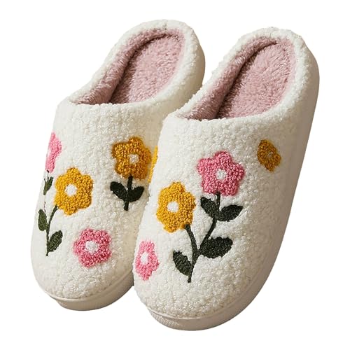 Xbemkste Hausschuhe Damen Winter Warme Plüsch Pantoffeln Bequeme Flaumig Slippers Niedliche Gesicht Filzpantoffeln Fuzzy Pelz Hauspantoffeln Memory Foam Wohnschuhe Für Paare (D, 37.5) von Xbemkste
