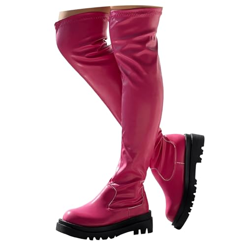 Xbemkste Hohe Stiefel Damen Plateau Runde Zehe aus Leder Overknee Stiefel Elegant Schlupfstiefel Stretch Langschaft Boots Schicke Damenstiefel Wasserdicht Winterstiefel (40.5) von Xbemkste