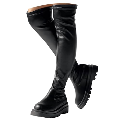 Xbemkste Hohe Stiefel Damen Plateau Runde Zehe aus Leder Overknee Stiefel Elegant Schlupfstiefel Stretch Langschaft Boots Schicke Damenstiefel Wasserdicht Winterstiefel (40.5) von Xbemkste