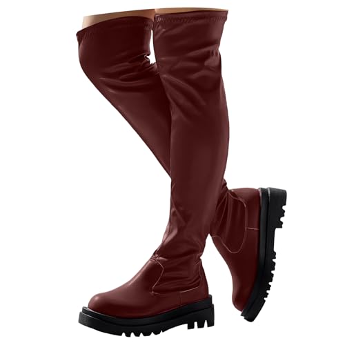 Xbemkste Hohe Stiefel Damen Plateau Runde Zehe aus Leder Overknee Stiefel Elegant Schlupfstiefel Stretch Langschaft Boots Schicke Damenstiefel Wasserdicht Winterstiefel (Brick Red, 37.5) von Xbemkste