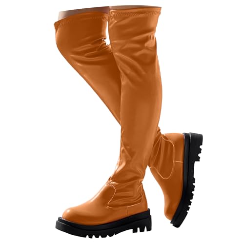 Xbemkste Hohe Stiefel Damen Plateau Runde Zehe aus Leder Overknee Stiefel Elegant Schlupfstiefel Stretch Langschaft Boots Schicke Damenstiefel Wasserdicht Winterstiefel (Brown, 38.5) von Xbemkste