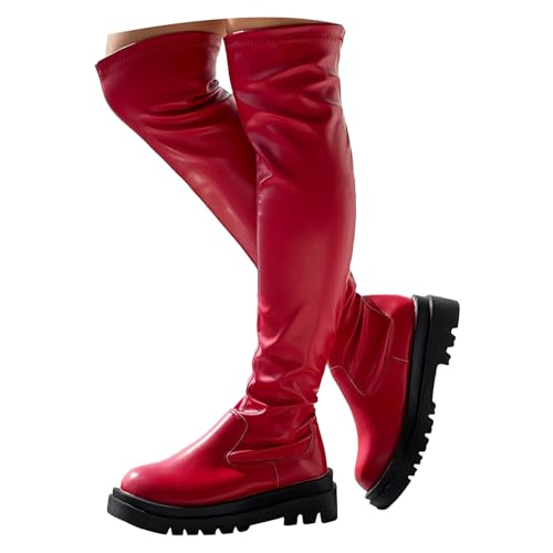 Xbemkste Hohe Stiefel Damen Plateau Runde Zehe aus Leder Overknee Stiefel Elegant Schlupfstiefel Stretch Langschaft Boots Schicke Damenstiefel Wasserdicht Winterstiefel (Red, 37) von Xbemkste
