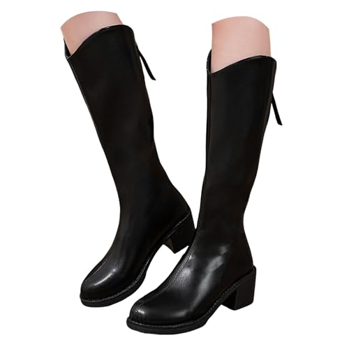 Xbemkste Hohe Stiefel Damen mit Absatz Bequeme Lederstiefel Wasserdicht Halbstiefel Retro Kniehohe Boots Elegant Langschaftstiefel Winterstiefel Mitte Kalb Damenstiefel (41) von Xbemkste