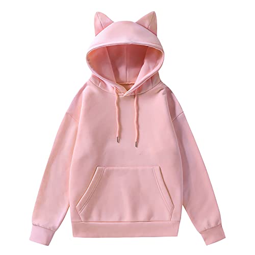 Xbemkste Hoodie Damen, Sweatjacke Damen, Sweatshirt Damen, Kapuzenpullover Damen Hoodie, Langarm Einfarbig Katzenohren Deco Pullover Sweatshirt mit Kapuze Kordelzug Oberteil mit Taschen von Xbemkste