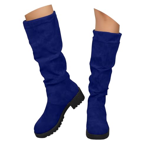 Xbemkste Kniehohe Stiefel Damen Blockabsatz Langschaftstiefel Hohe Schlupfstiefel Bequeme Rutschfest Halbstiefel Herbst Winter Lange Stiefel Schlupfschuhe Winterstiefel (Blue, 36) von Xbemkste