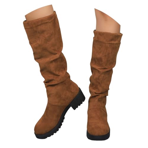 Xbemkste Kniehohe Stiefel Damen Blockabsatz Langschaftstiefel Hohe Schlupfstiefel Bequeme Rutschfest Halbstiefel Herbst Winter Lange Stiefel Schlupfschuhe Winterstiefel (Brown, 36) von Xbemkste