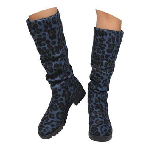 Xbemkste Kniehohe Stiefel Damen Blockabsatz Langschaftstiefel Hohe Schlupfstiefel Bequeme Rutschfest Halbstiefel Herbst Winter Lange Stiefel Schlupfschuhe Winterstiefel (Dark Blue, 37.5) von Xbemkste