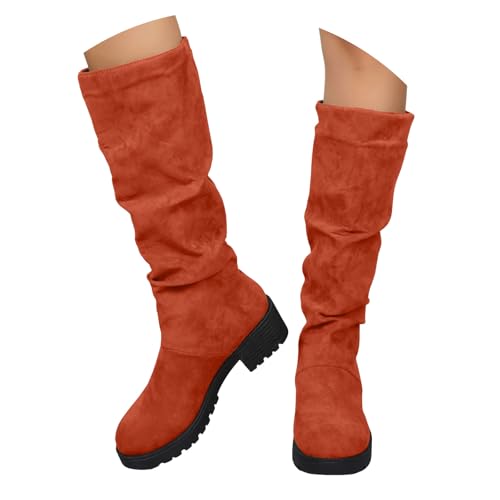 Xbemkste Kniehohe Stiefel Damen Blockabsatz Langschaftstiefel Hohe Schlupfstiefel Bequeme Rutschfest Halbstiefel Herbst Winter Lange Stiefel Schlupfschuhe Winterstiefel (Orange, 37.5) von Xbemkste