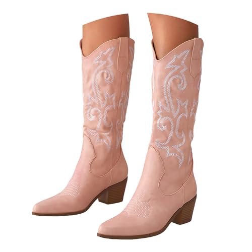 Xbemkste Lange Stiefel Damen Westernstiefel mit Absatz aus Leder Vintage Stickereien Cowboy Stiefel Schlupfstiefel Halbstiefel Wasserdicht Stiefel Halbhohe Damenstiefel (38.5) von Xbemkste