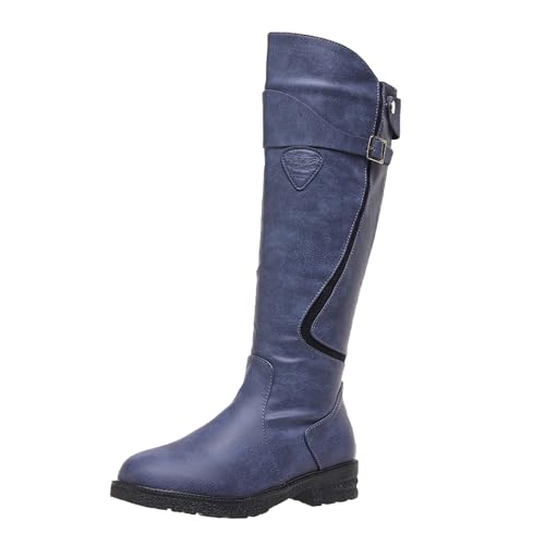 Xbemkste Langschaft Stiefel Damen Reitstiefel Wasserdticht Lederstiefel mit Rutschfest Sohle Kniehohe Boots Westernstiefel Hohe Winterstiefel Flache Stiefel (Blue, 39) von Xbemkste