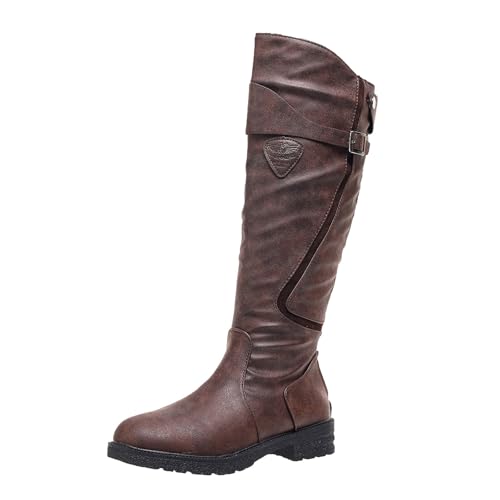 Xbemkste Langschaft Stiefel Damen Reitstiefel Wasserdticht Lederstiefel mit Rutschfest Sohle Kniehohe Boots Westernstiefel Hohe Winterstiefel Flache Stiefel (Brown, 40) von Xbemkste