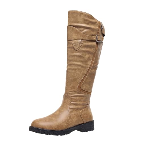 Xbemkste Langschaft Stiefel Damen Reitstiefel Wasserdticht Lederstiefel mit Rutschfest Sohle Kniehohe Boots Westernstiefel Hohe Winterstiefel Flache Stiefel (Yellow, 38.5) von Xbemkste