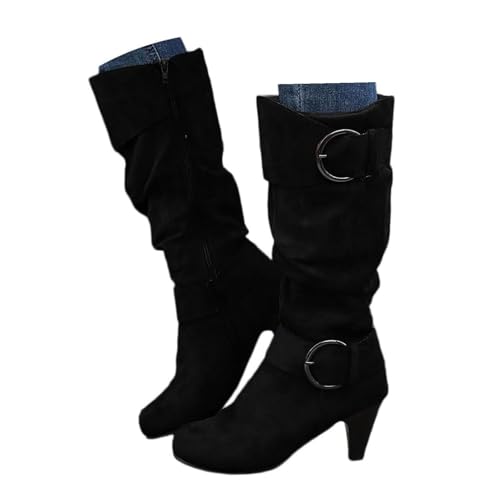 Xbemkste Langschaft Stiefel Damen Wildleder Gürtelschnalle Gekräuselt Weitschaftstiefel mit Absatz Westernstiefel Kniehohe Boots Winterstiefel Elegant Halbstiefel (37) von Xbemkste
