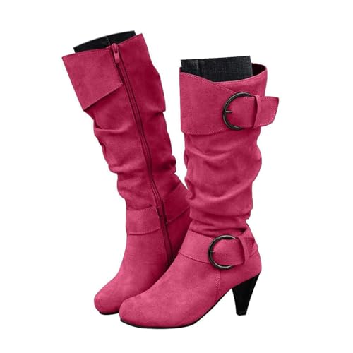 Xbemkste Langschaft Stiefel Damen Wildleder Gürtelschnalle Gekräuselt Weitschaftstiefel mit Absatz Westernstiefel Kniehohe Boots Winterstiefel Elegant Halbstiefel (40) von Xbemkste