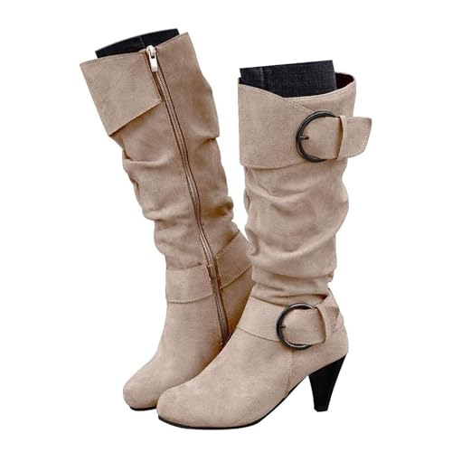 Xbemkste Langschaft Stiefel Damen Wildleder Gürtelschnalle Gekräuselt Weitschaftstiefel mit Absatz Westernstiefel Kniehohe Boots Winterstiefel Elegant Halbstiefel (Beige, 40.5) von Xbemkste