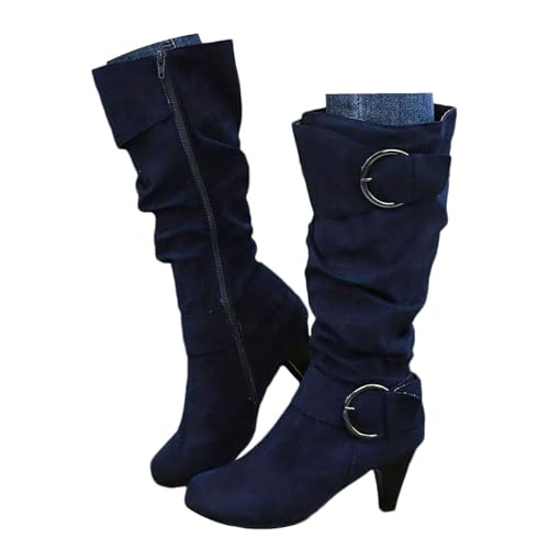 Xbemkste Langschaft Stiefel Damen Wildleder Gürtelschnalle Gekräuselt Weitschaftstiefel mit Absatz Westernstiefel Kniehohe Boots Winterstiefel Elegant Halbstiefel (Blue, 41) von Xbemkste