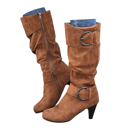 Xbemkste Langschaft Stiefel Damen Wildleder Gürtelschnalle Gekräuselt Weitschaftstiefel mit Absatz Westernstiefel Kniehohe Boots Winterstiefel Elegant Halbstiefel (Brown, 39) von Xbemkste